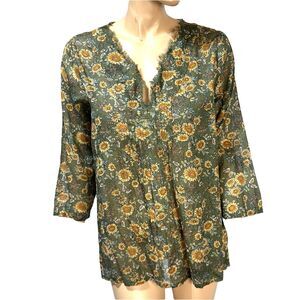 Natural Life Women's Green Floral 3/4 Sleeve Blouse Peasant S / M Semi Sheer NWT
